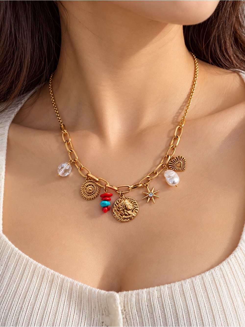 Gold Charm Necklace with Red & Turquoise Beads